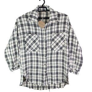Womens Aaron & Amber Plaid Jacket Button Up Black & White 3/4 Sleeve Raw Hem M